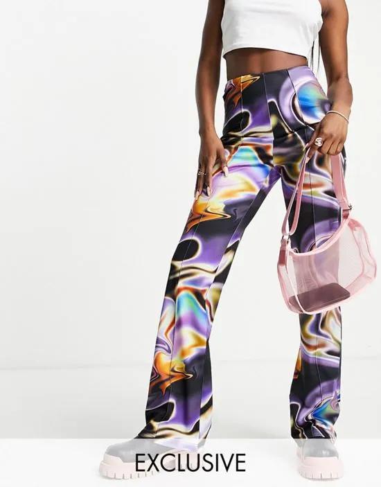 COLLUSION satin flare pants with swirl print in multi