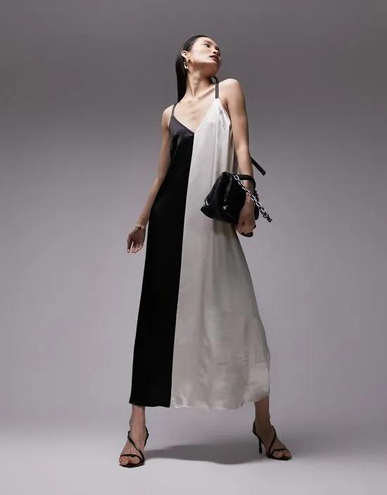color block cami midi dress in black and white