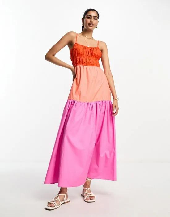 color block ruched midi dress in pink
