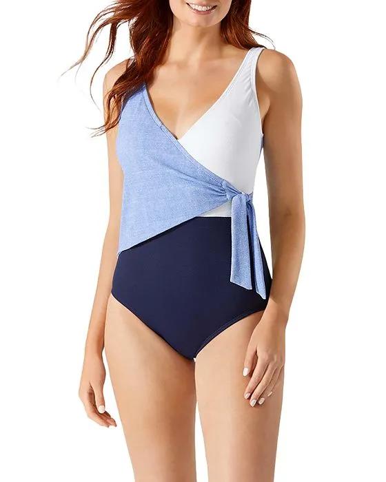 Color-Blocked Wrap-Front One Piece Swimsuit