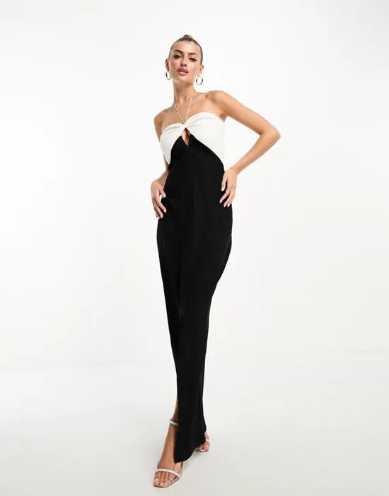 contrast halterneck maxi dress in black and white