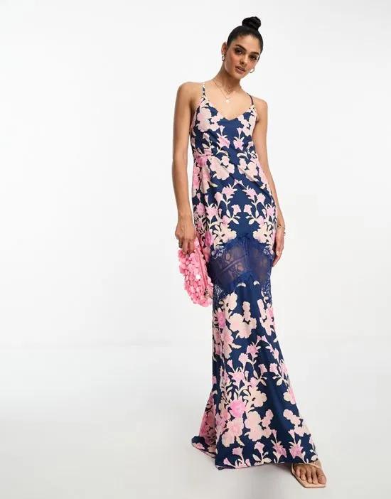 contrast lace floral maxi dress in navy