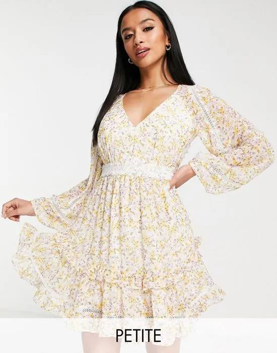 contrast lace open back mini dress in yellow floral