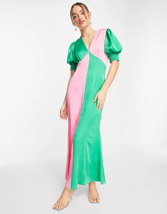 contrast puff sleeve maxi dress in color block