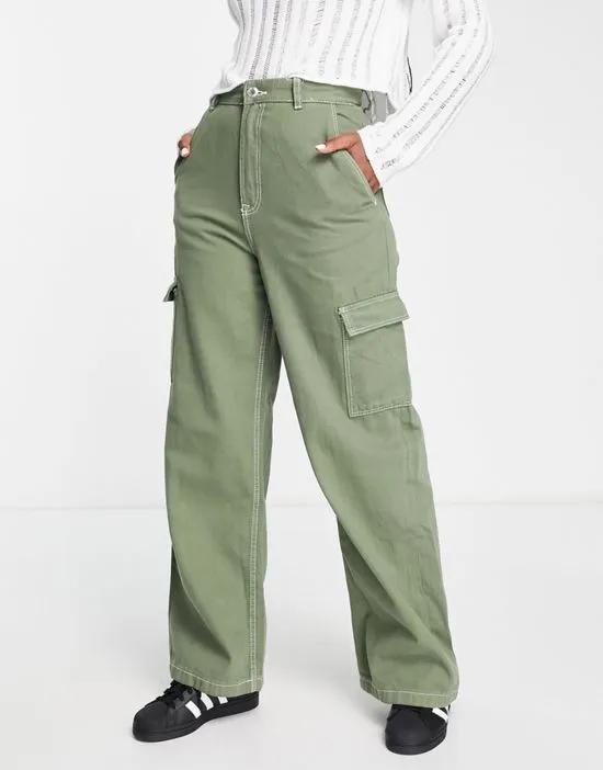 contrast seam cargo detail jeans in khaki