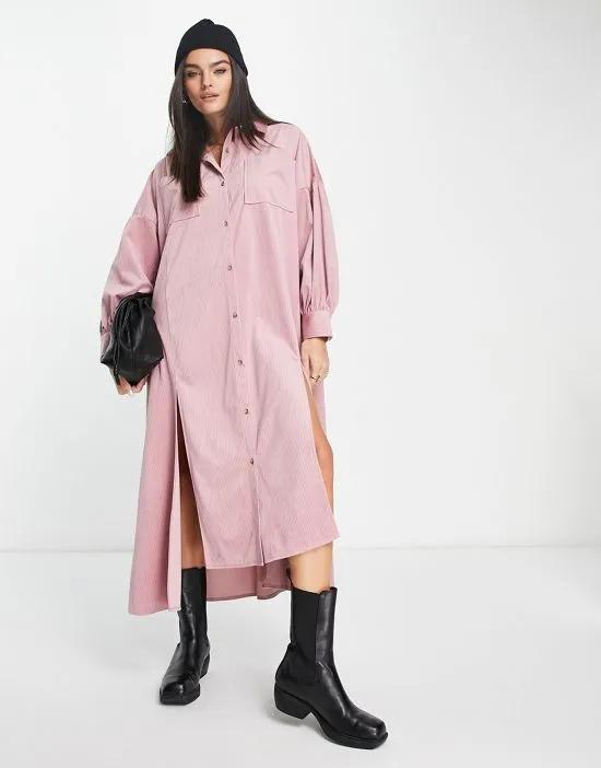 cord oversized maxi shirt dress with slits in pink