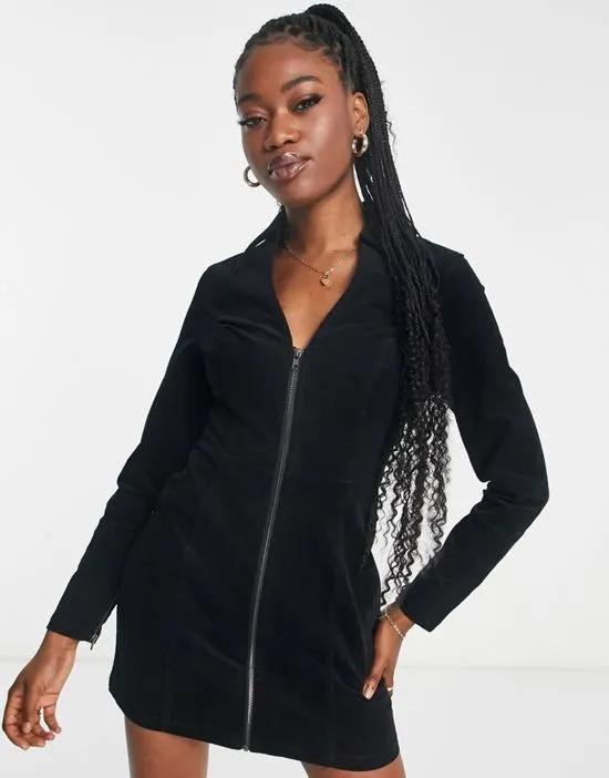 cord zip through mini dress in black
