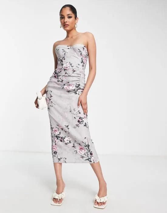 corset bandeau midi dress in silver and pink floral print