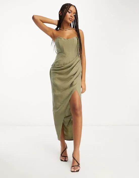 corset bandeau midi dress in washed fabric with drape detail skirt in khaki