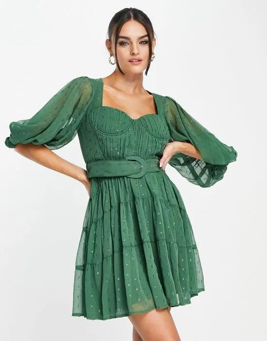 corset detail belted mini dress with blouson sleeve in green
