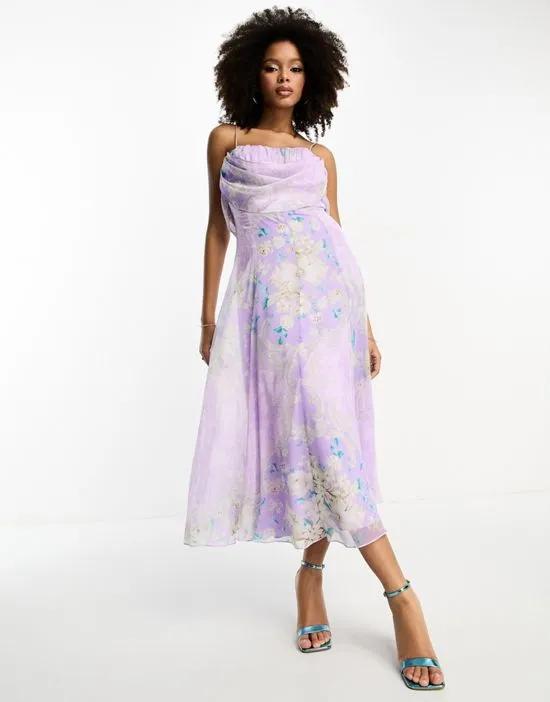 corset midi dress with soft cowl front in lilac floral print