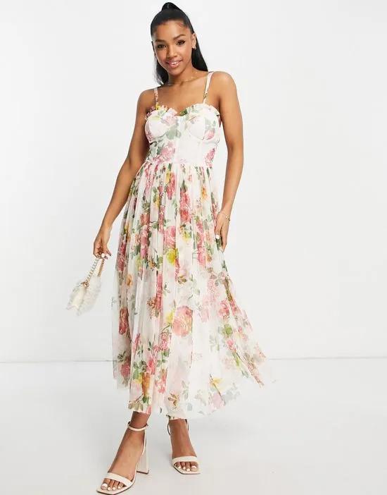 corset tulle midi dress in soft floral