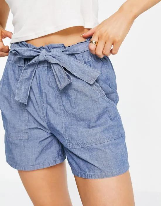 cotton blend chambray shorts with tie waist in blue