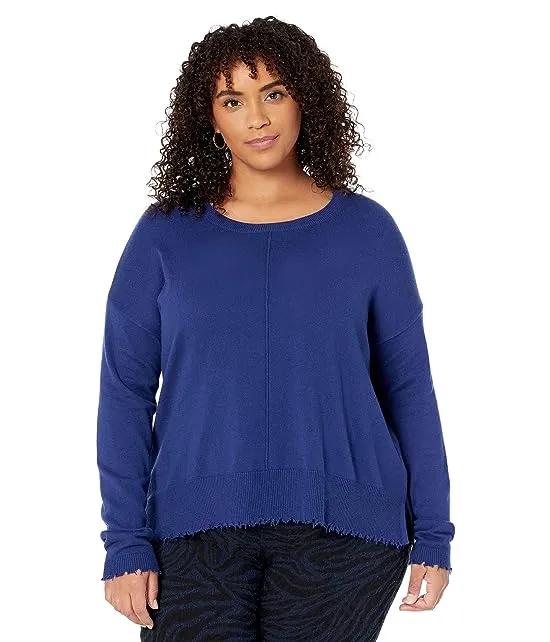 Cotton Cashmere Crew Neck Sweater with Front Seam Detail and Distressed Hem