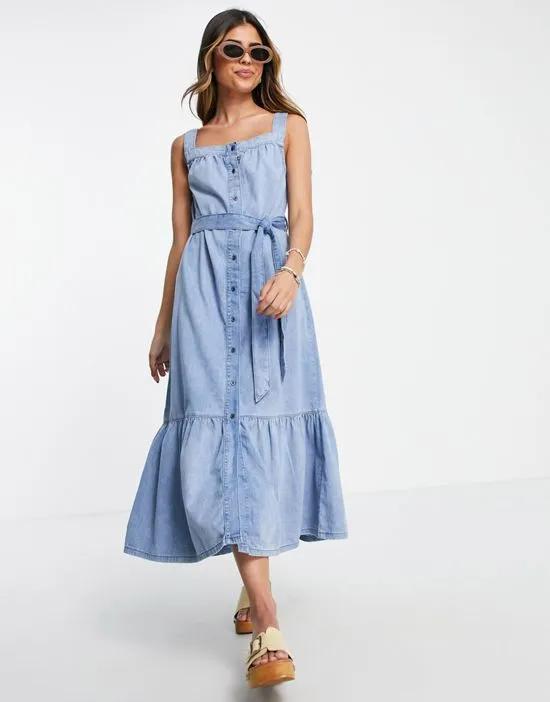 cotton Dew denim belted smock dress in mid wash blue - MBLUE