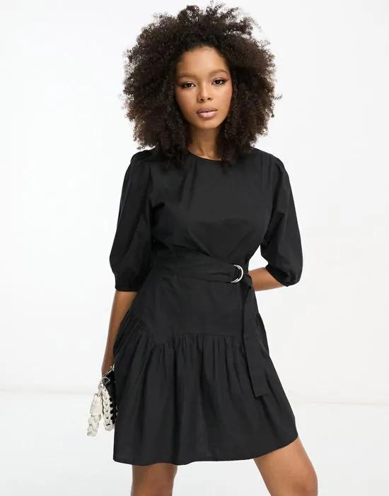 cotton drop waist mini dress with D-ring in black