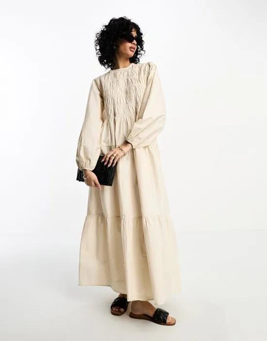 cotton shirred maxi smock dress with puff sleeve in cream