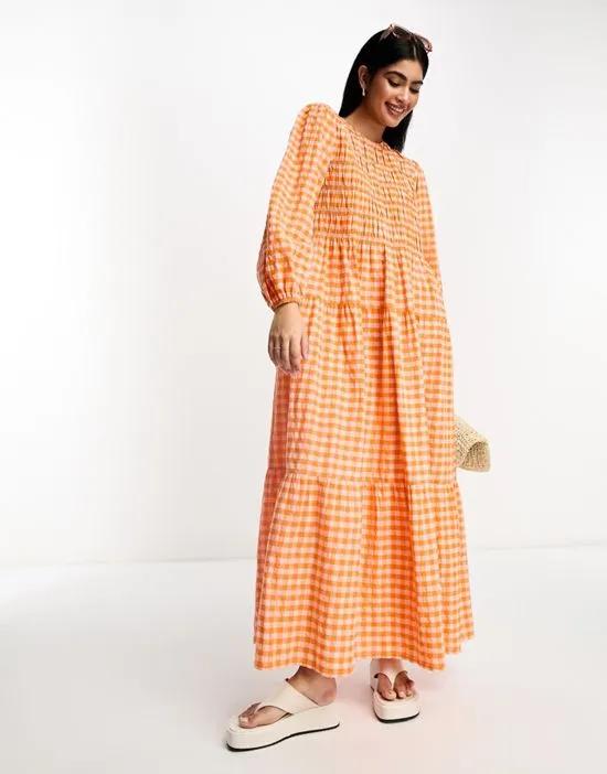 cotton shirred maxi smock dress with puff sleeve in pink and orange plaid
