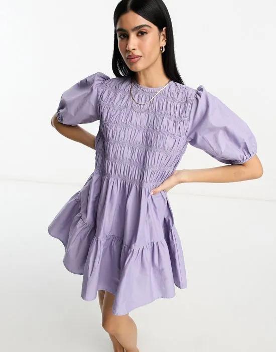 cotton shirred mini smock dress with puff sleeve in lilac