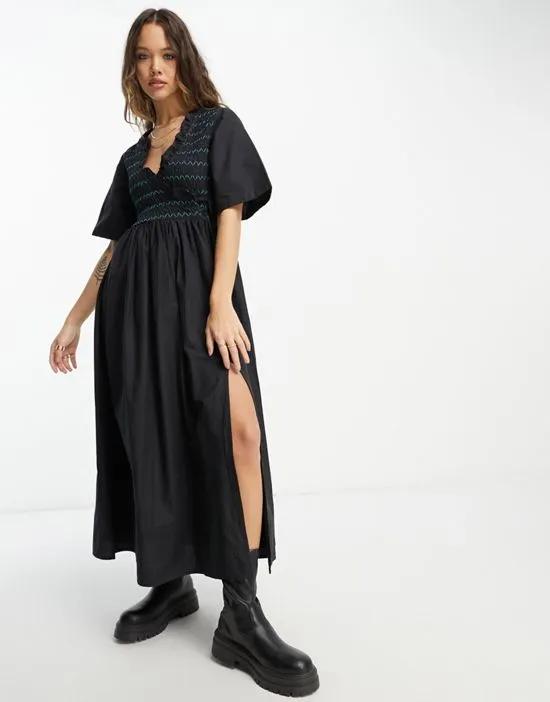 cotton shirred wrap midi smock dress in black