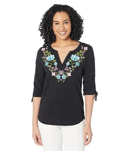 Cotton Slub Jersey Knit Split V-Neck Top with Crewel Embroidery on Sleeves