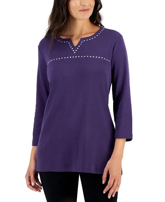 Cotton Studded Split-Neck Top, Created for Macy's