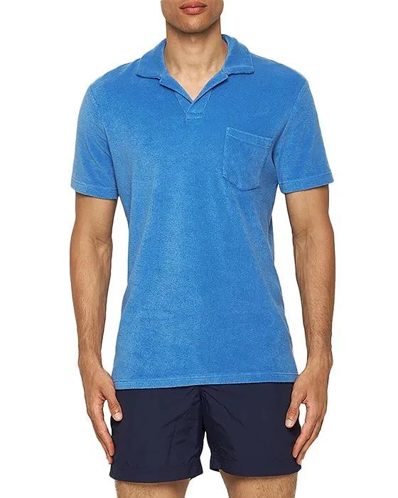 Cotton Terry Tailored Fit Open Collar Pocket Polo Shirt 