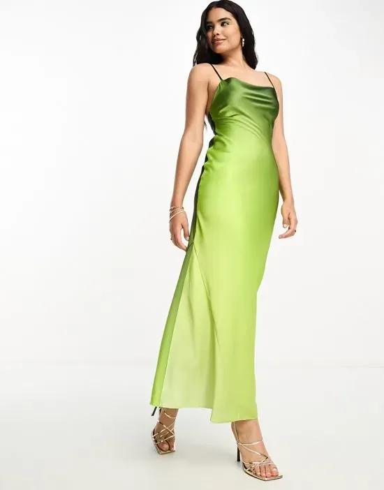 cowl back satin maxi dress in green ombre