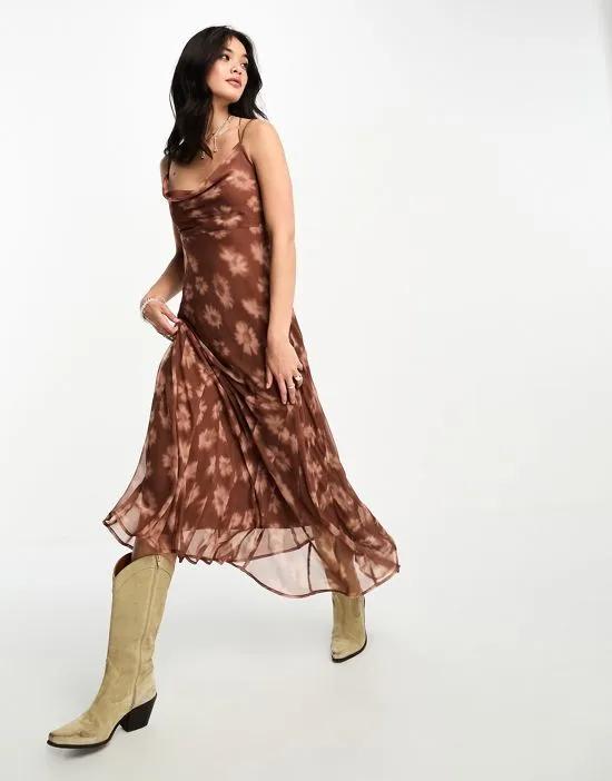 cowl neck maxi dress in blurred brown floral print