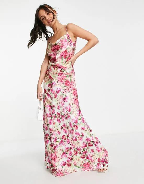 cowl neck maxi dress in mixed pink floral