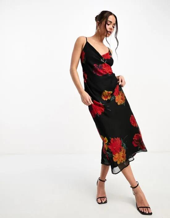 cowl neck midi dress in red floral