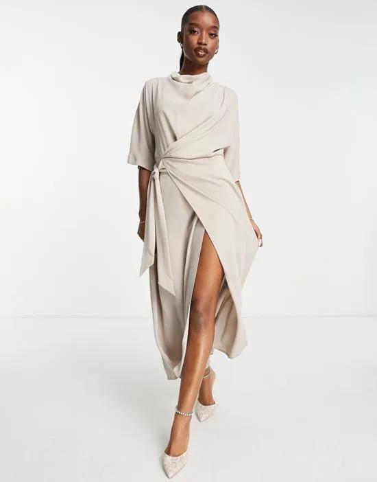 cowl neck midi dress with wrap skirt in taupe