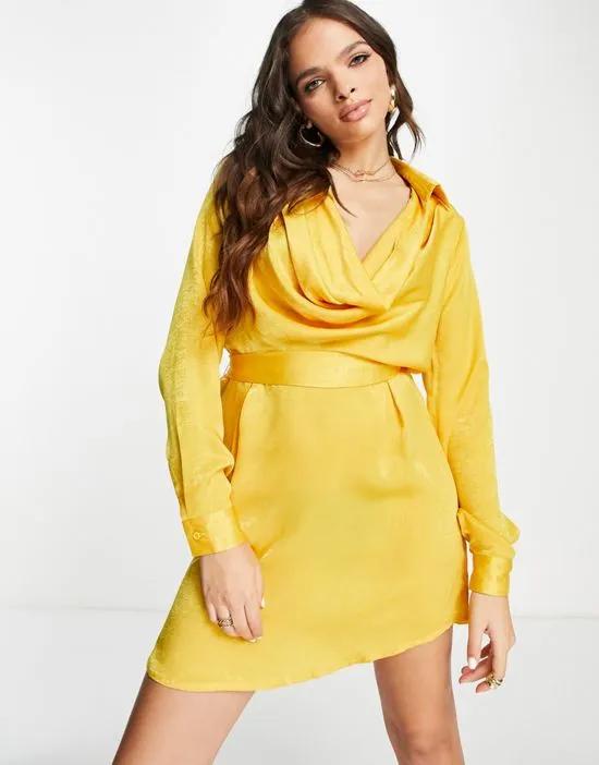 cowl neck mini dress in mustard