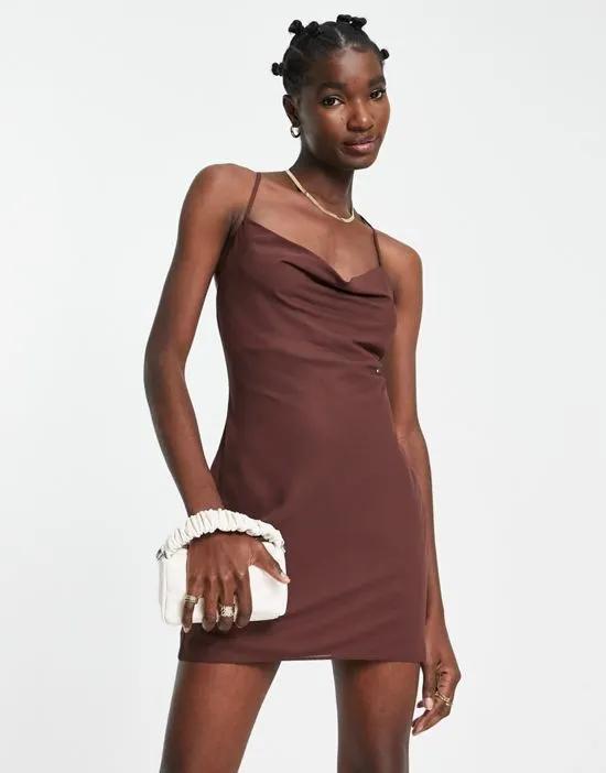 cowl neck mini dress with lace up back in chocolate