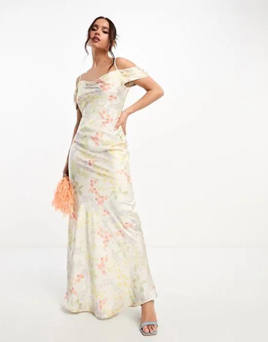 cowl neck satin maxi dress in ivory floral