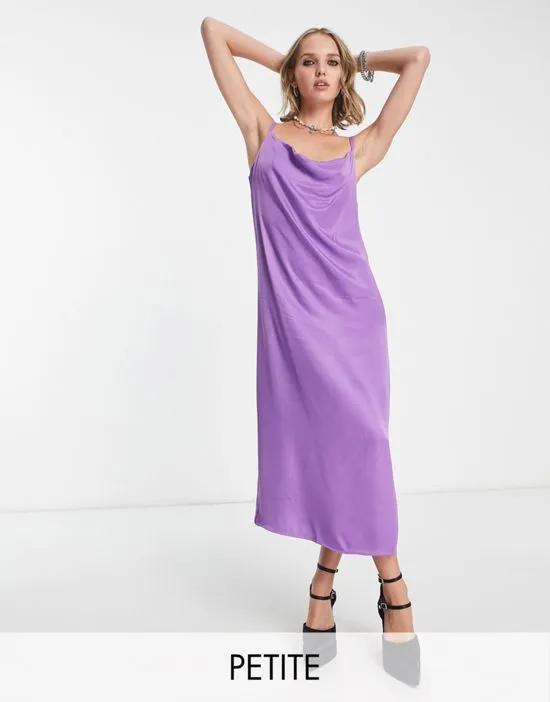 cowl neck satin slip maxi dress in purple