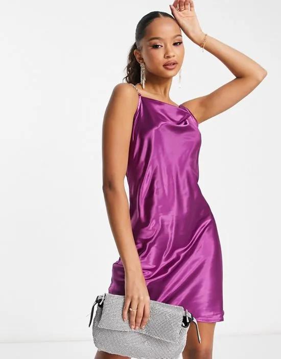 cowl neck satin slip mini dress in purple