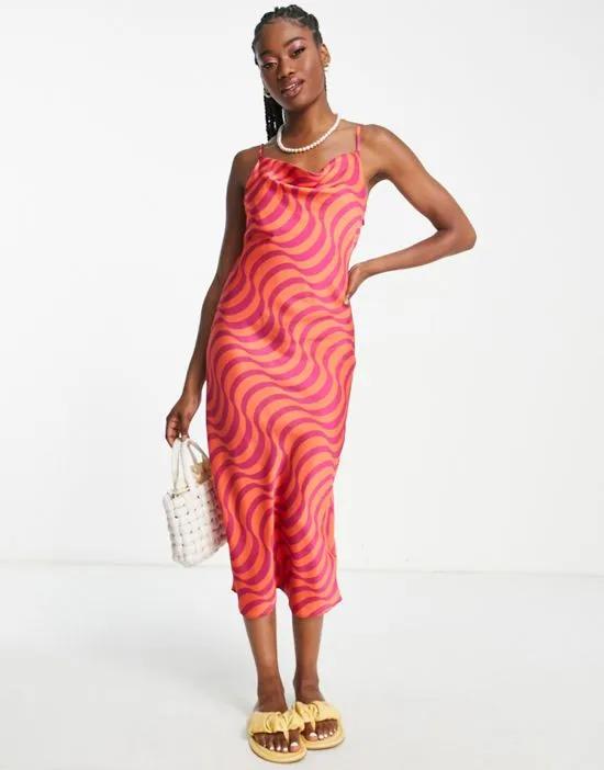 cowl neck slip dress in pink swirl print