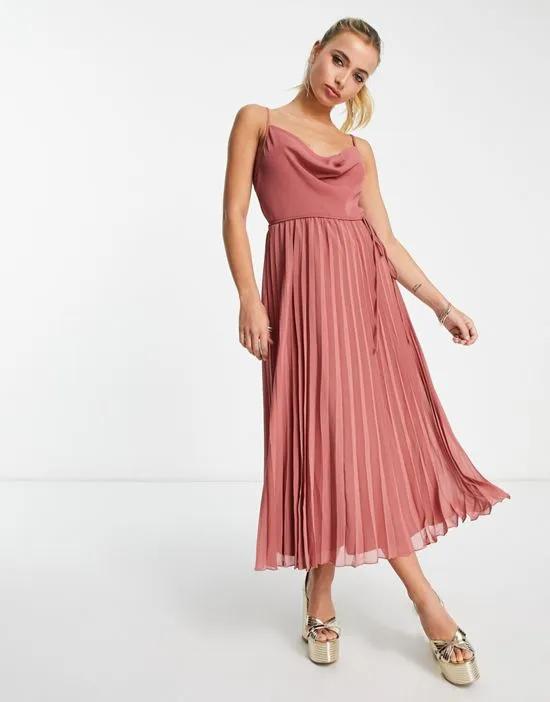 cowl neck strappy pleated midi dress with tie waist in rose pink