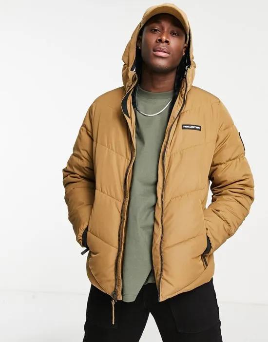 cozy lined hooded heavyweight puffer jacket in brown