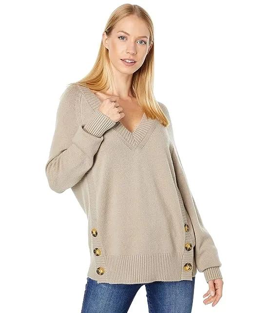 Cozy Yarn V-Neck Sweater w/ Side Seam Button Details