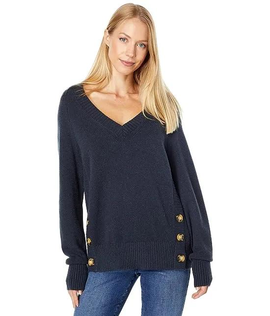 Cozy Yarn V-Neck Sweater w/ Side Seam Button Details
