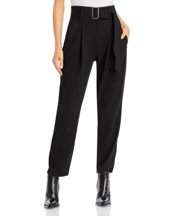 Crepe Pull On Front Pleated Self Belted Pants