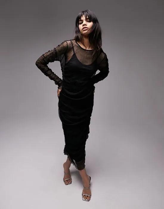 crinkle mesh midi dress with ruching in black
