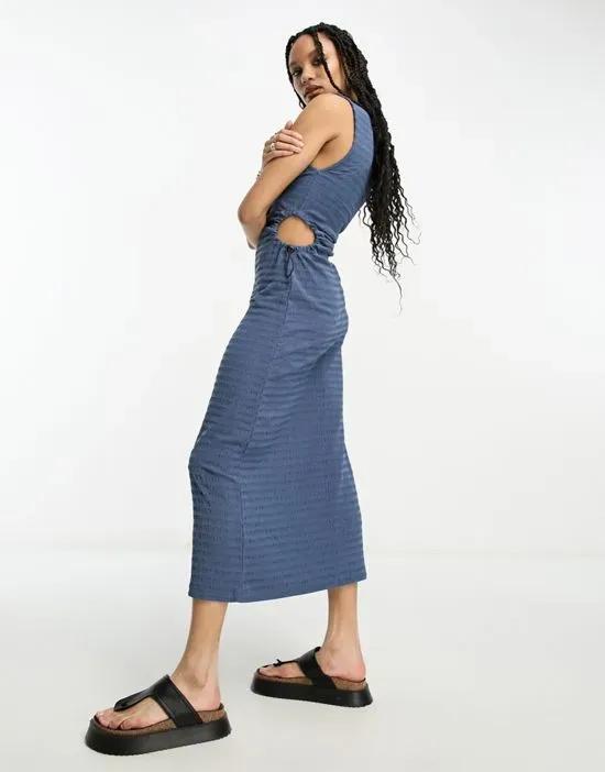 crinkle midi dress with cut out side detail and toggle trim in blue