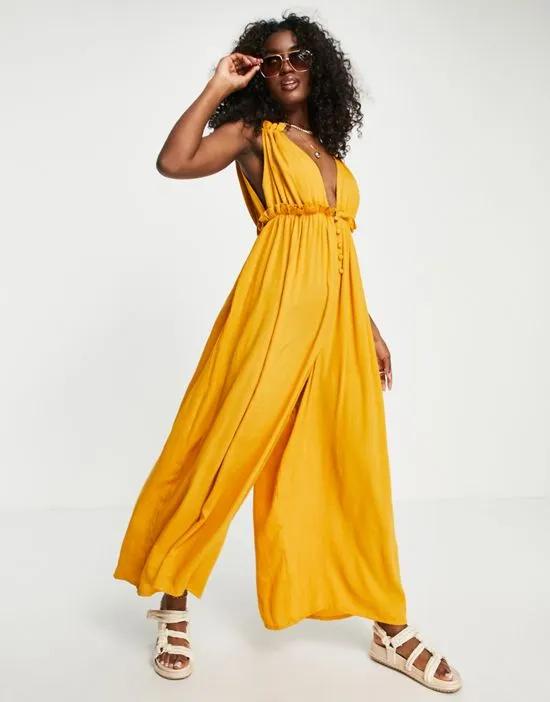 crinkle rayon double strap plunge smock jumpsuit in mustard