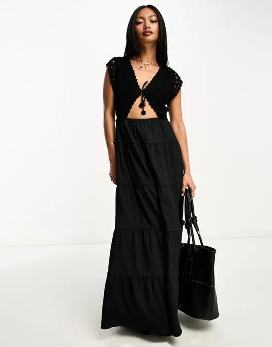 crochet bodice maxi dress with tiered skirt in black