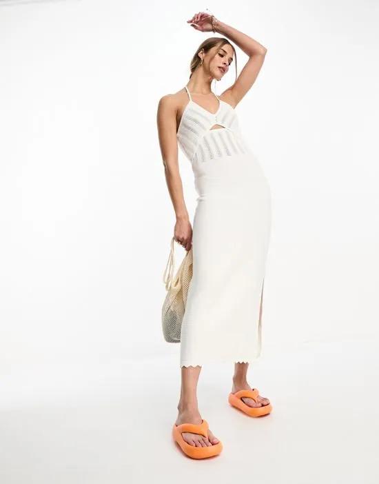 crochet cut-out halter midi dress in off white