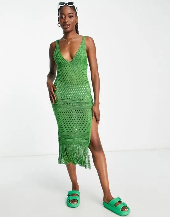 crochet fringe midaxi dress in green
