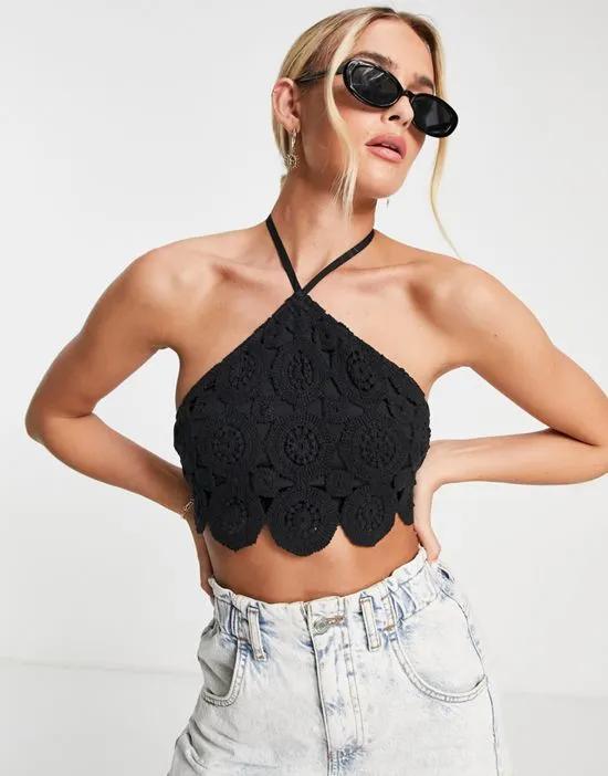 crochet halter crop top in black